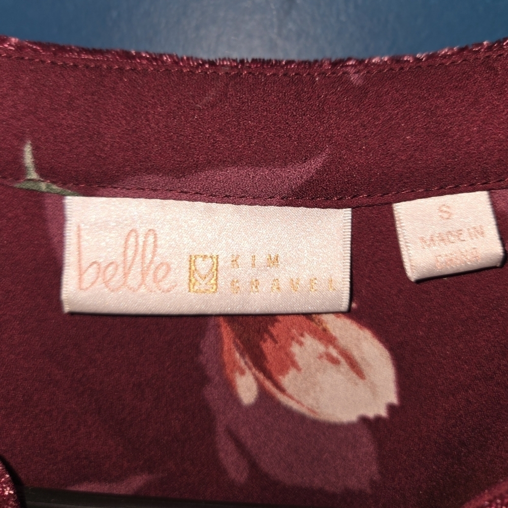 Burgundy Bishop Sleeve Floral Blouse with velvet accents, Size Small - Picture 10 of 14